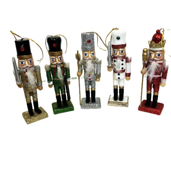 Nutcracker Wooden Sparkle Set of Five Holiday Christmas Ornaments - Picture 11 of 14